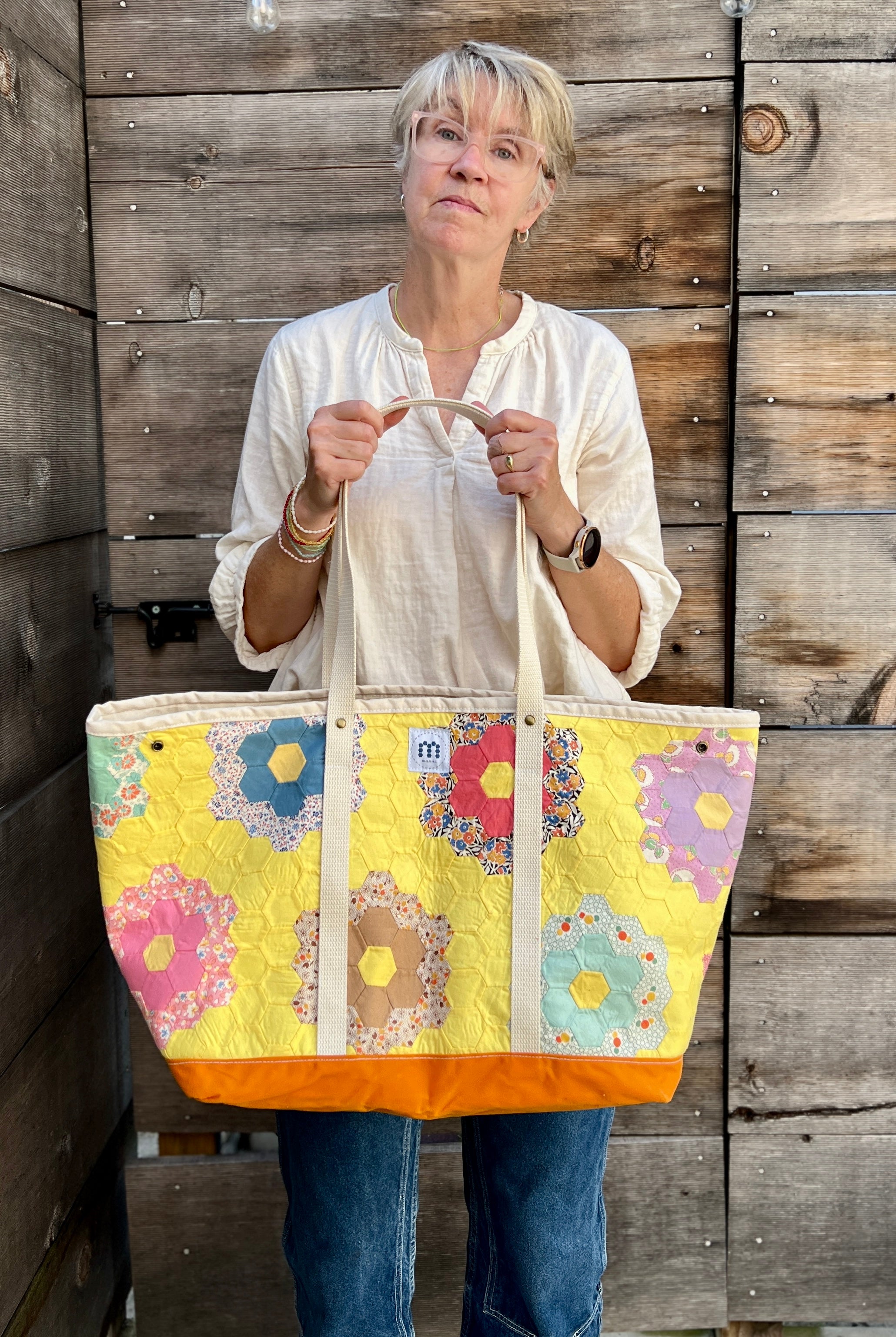 Large Waxed Canvas Quilt Tote (Yellow with Orange Bottom) #2