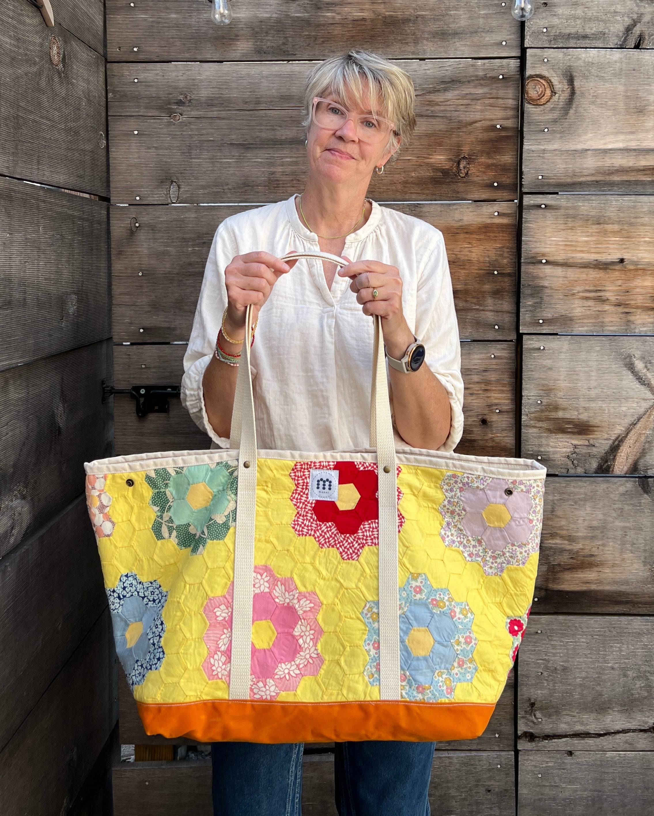 Large Waxed Canvas Quilt Tote (Yellow with  Orange Bottom) #1
