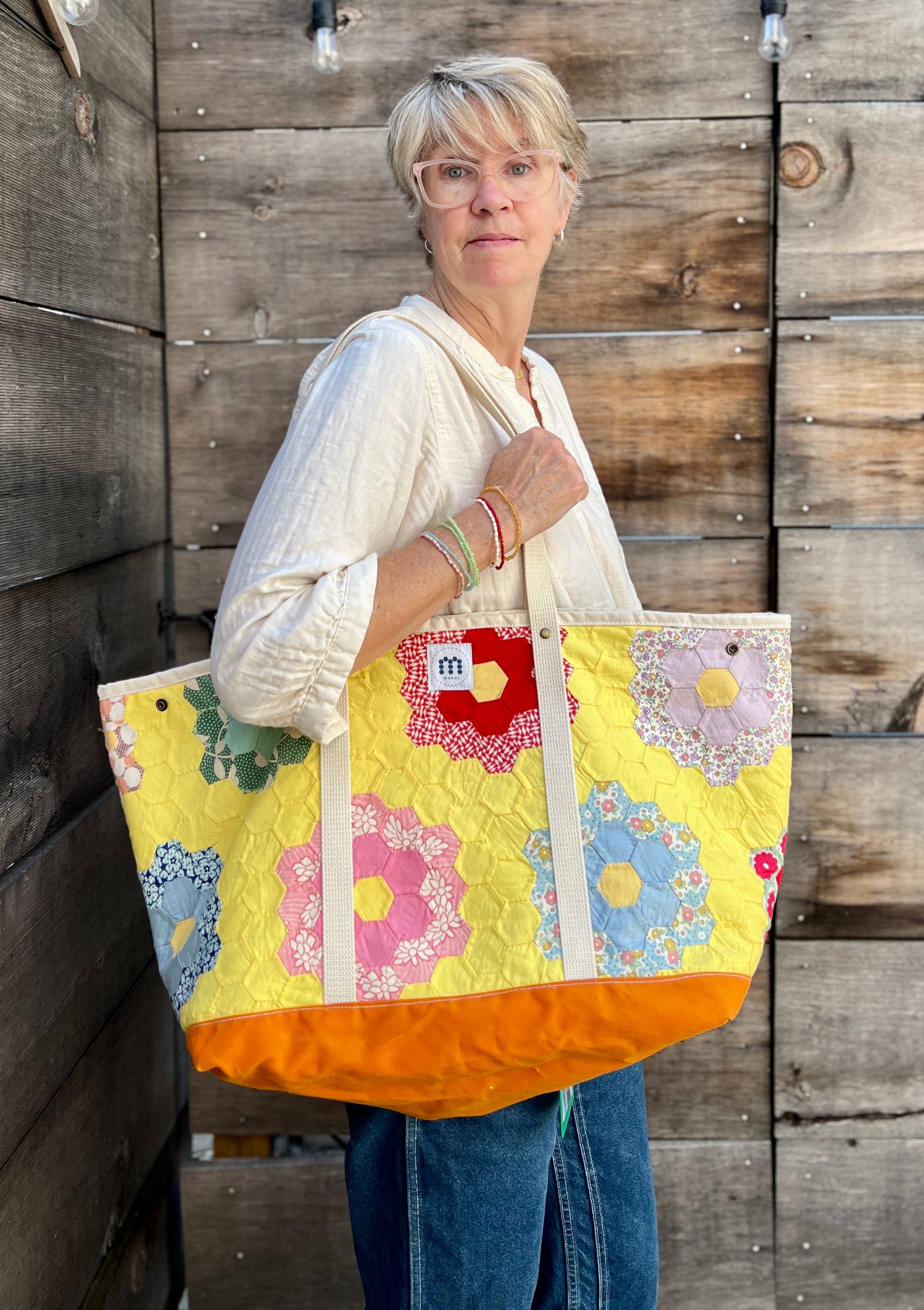 Large Waxed Canvas Quilt Tote (Yellow with  Orange Bottom) #1
