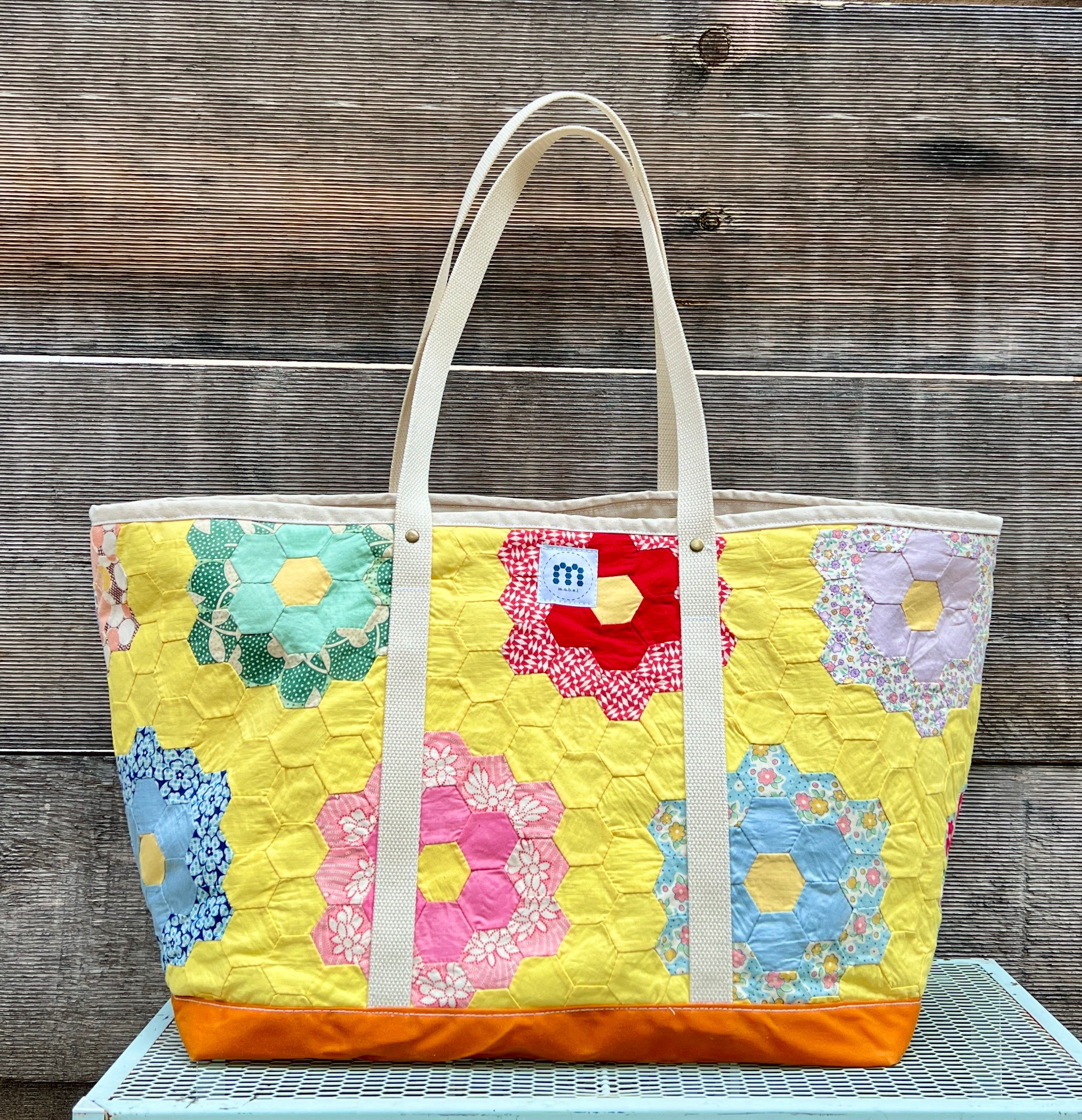 Large Waxed Canvas Quilt Tote (Yellow with  Orange Bottom) #1