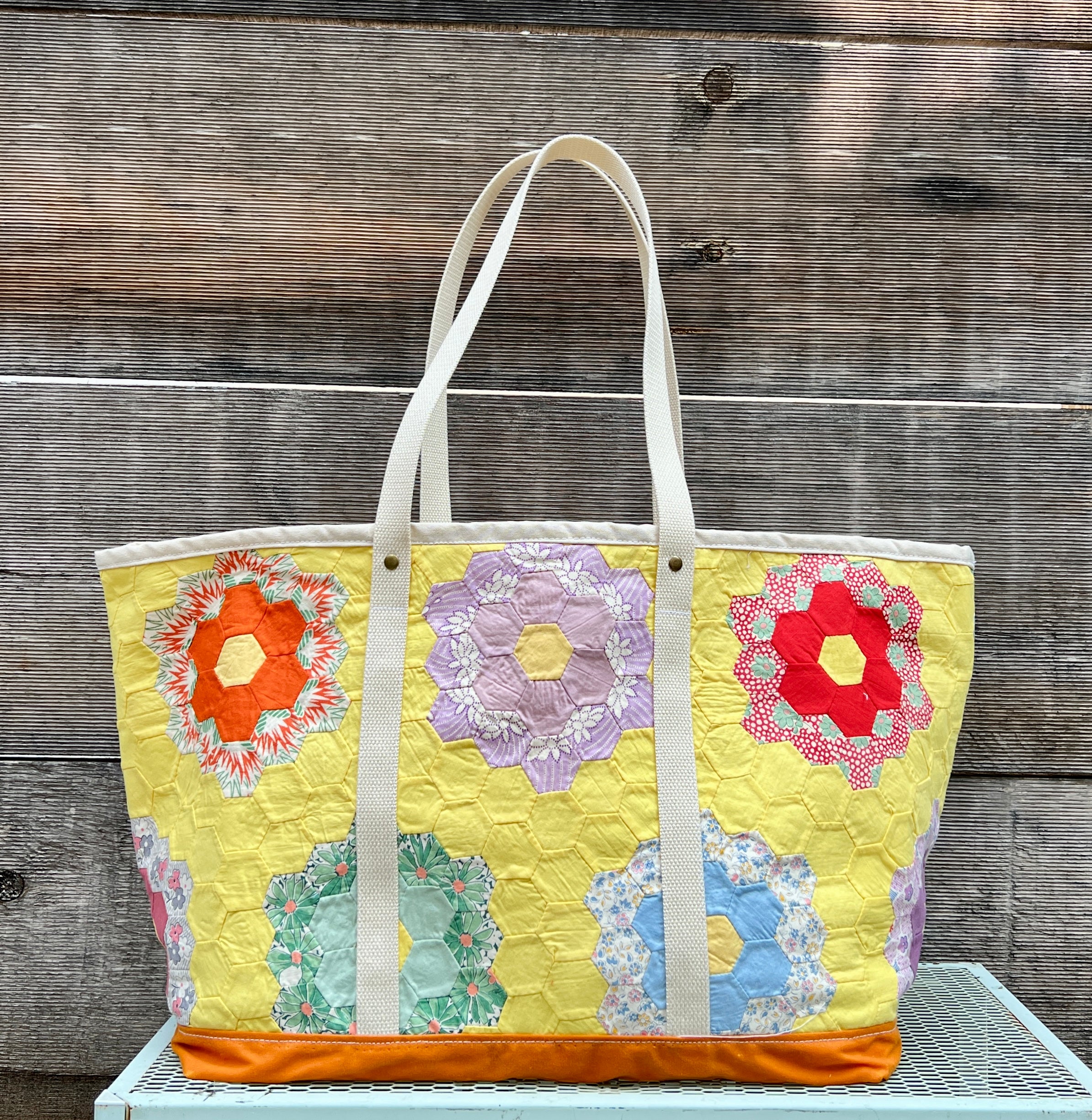 Large Waxed Canvas Quilt Tote (Yellow with Orange Bottom) #2