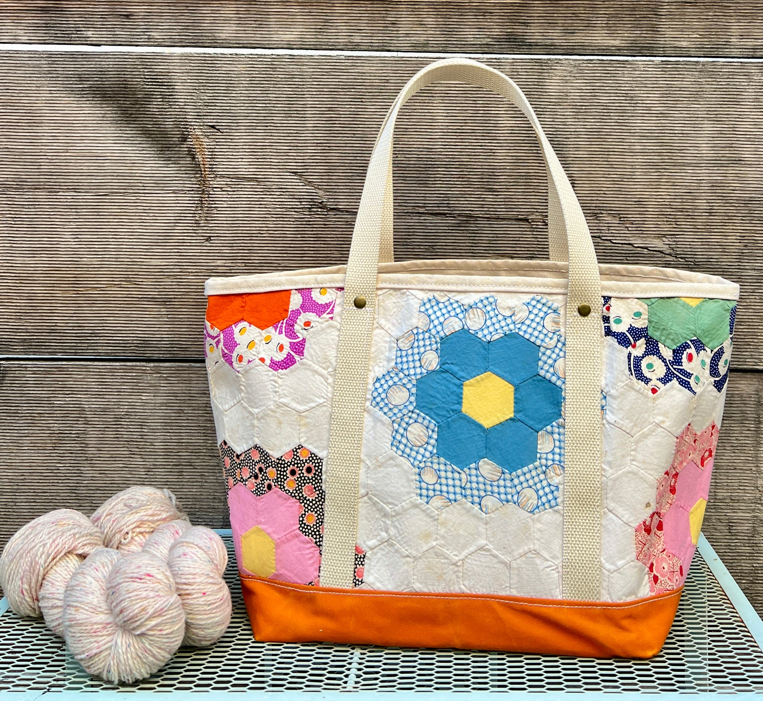 Medium Waxed Canvas Quilt Tote (Medium Hexies with Orange Bottomn) #3