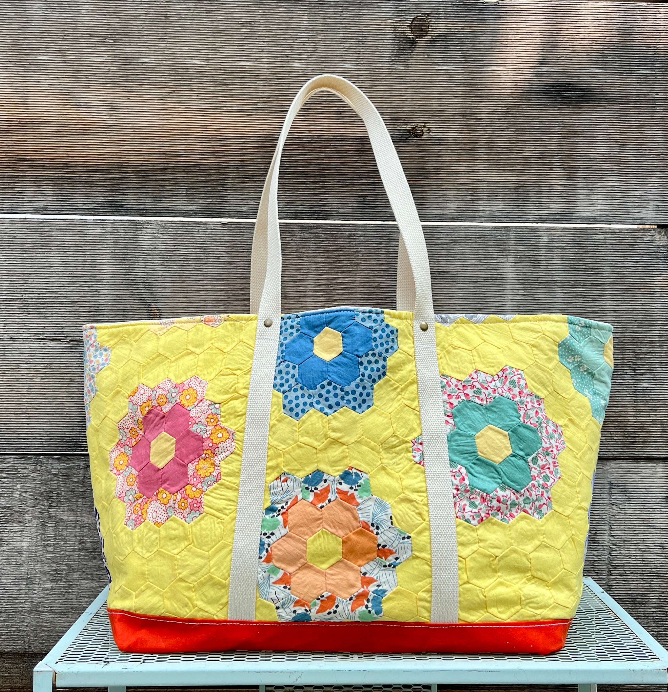 Large Canvas Quilt Tote (Yellow with Bright Orange Bottom)