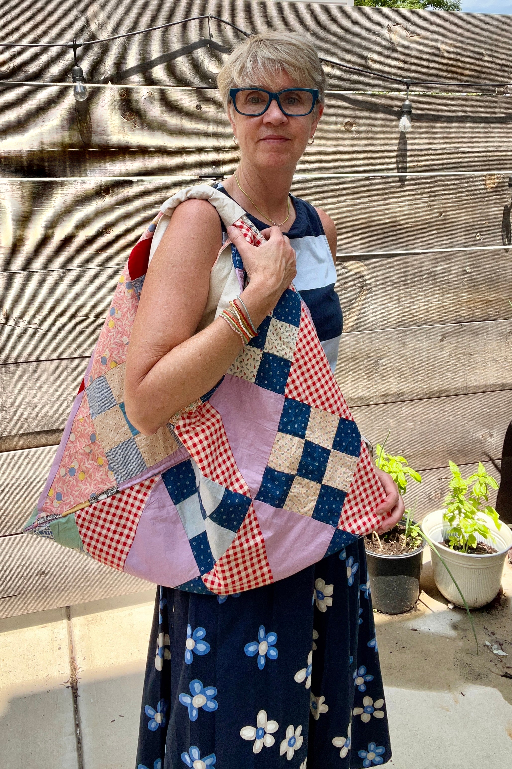 Origami Tote (Lavender Feedsack 9 Patch-natural lining)