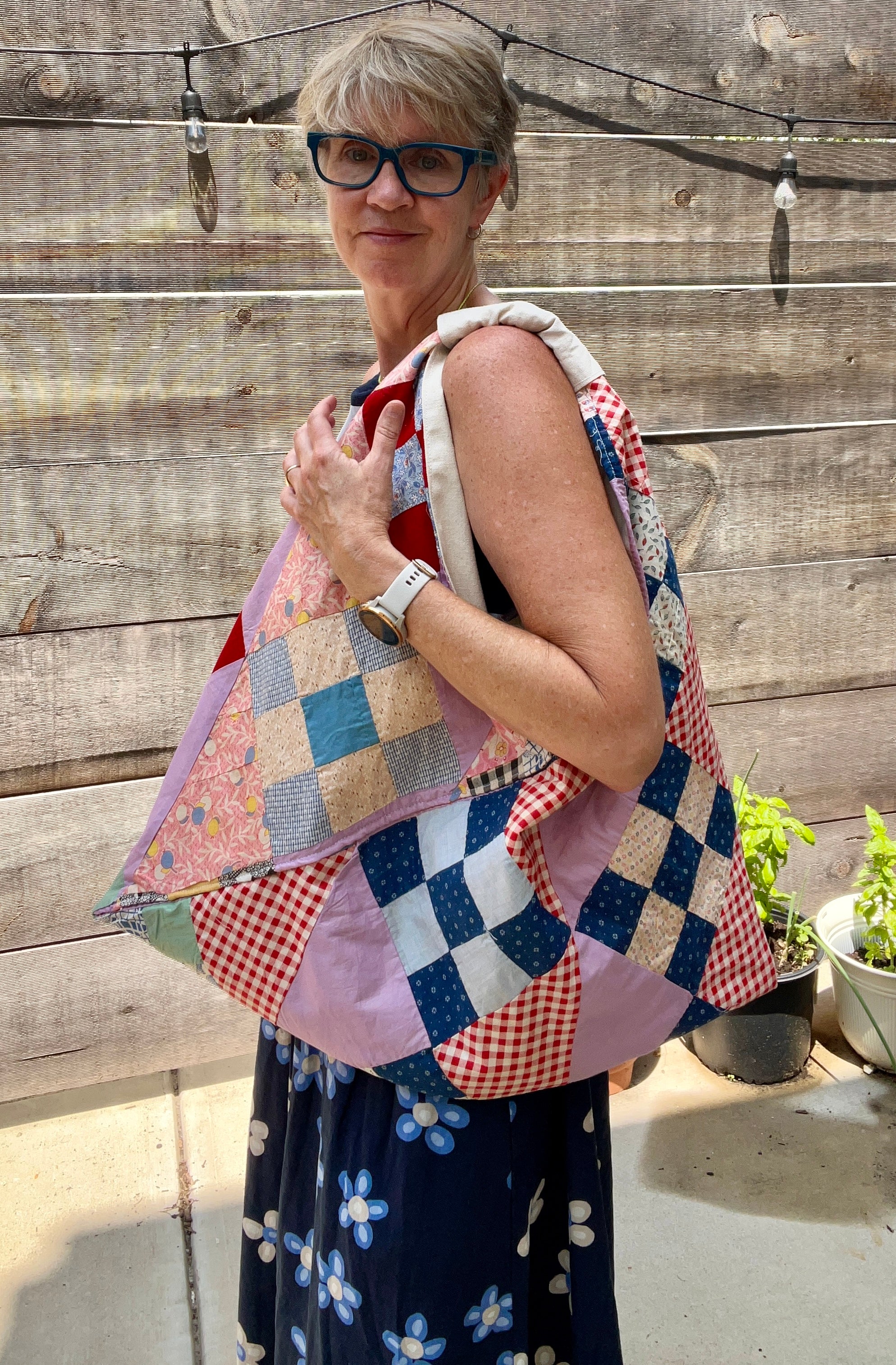 Origami Tote (Lavender Feedsack 9 Patch-natural lining)