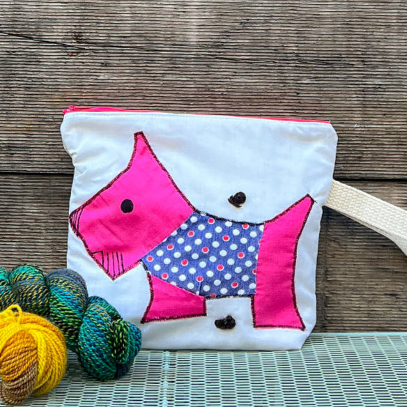 Puppy Wristlet (Fuschia with Blue Dot Sweater)