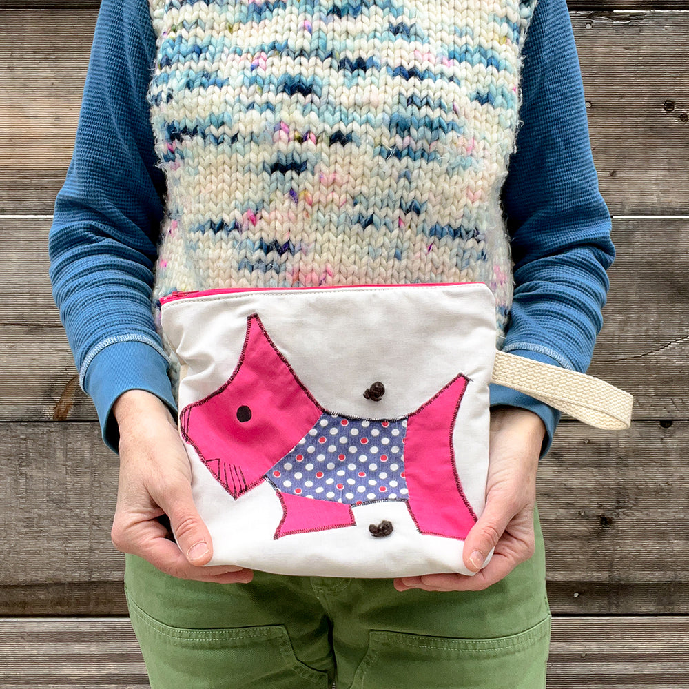 Puppy Wristlet (Fuschia with Blue Dot Sweater)