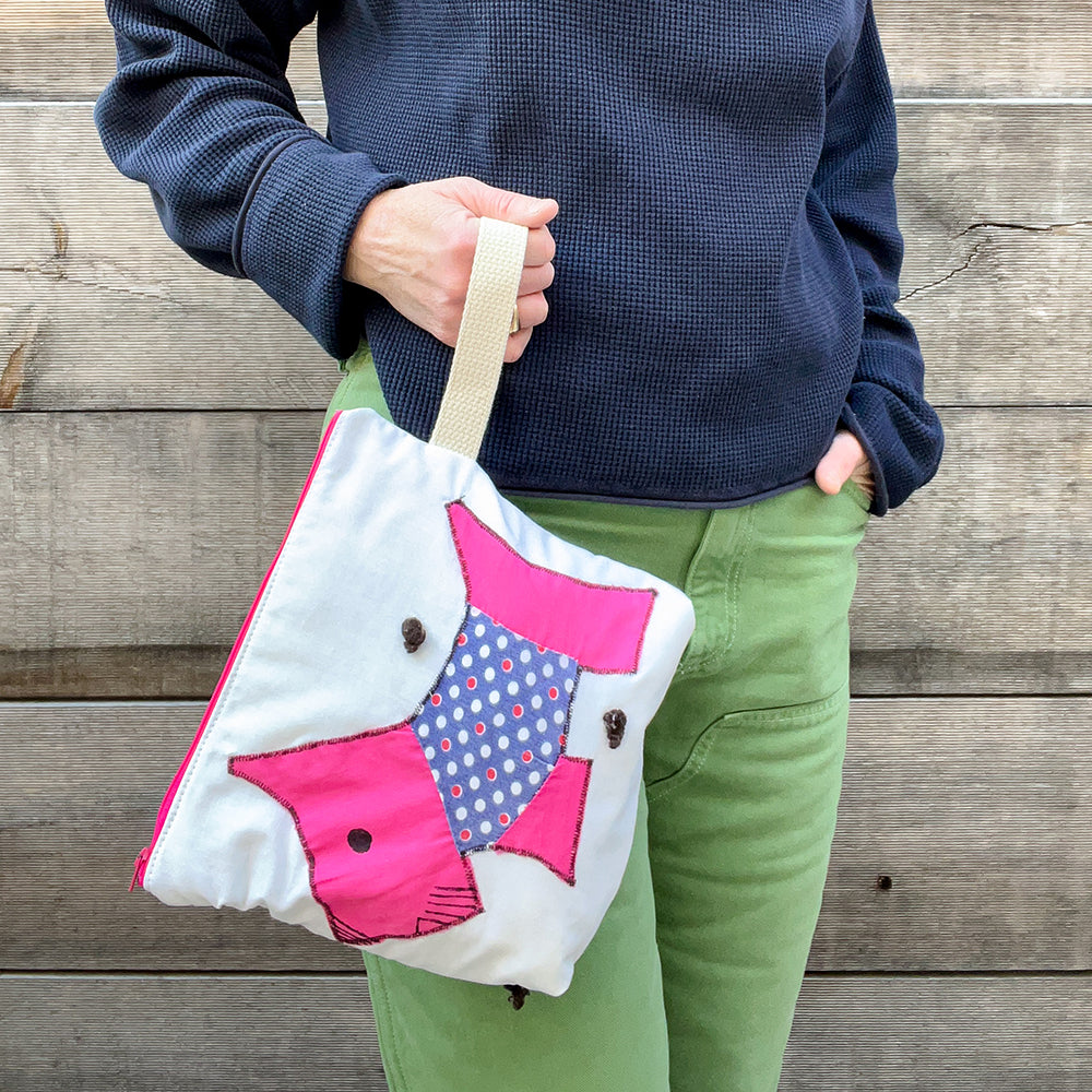 Puppy Wristlet (Fuschia with Blue Dot Sweater)