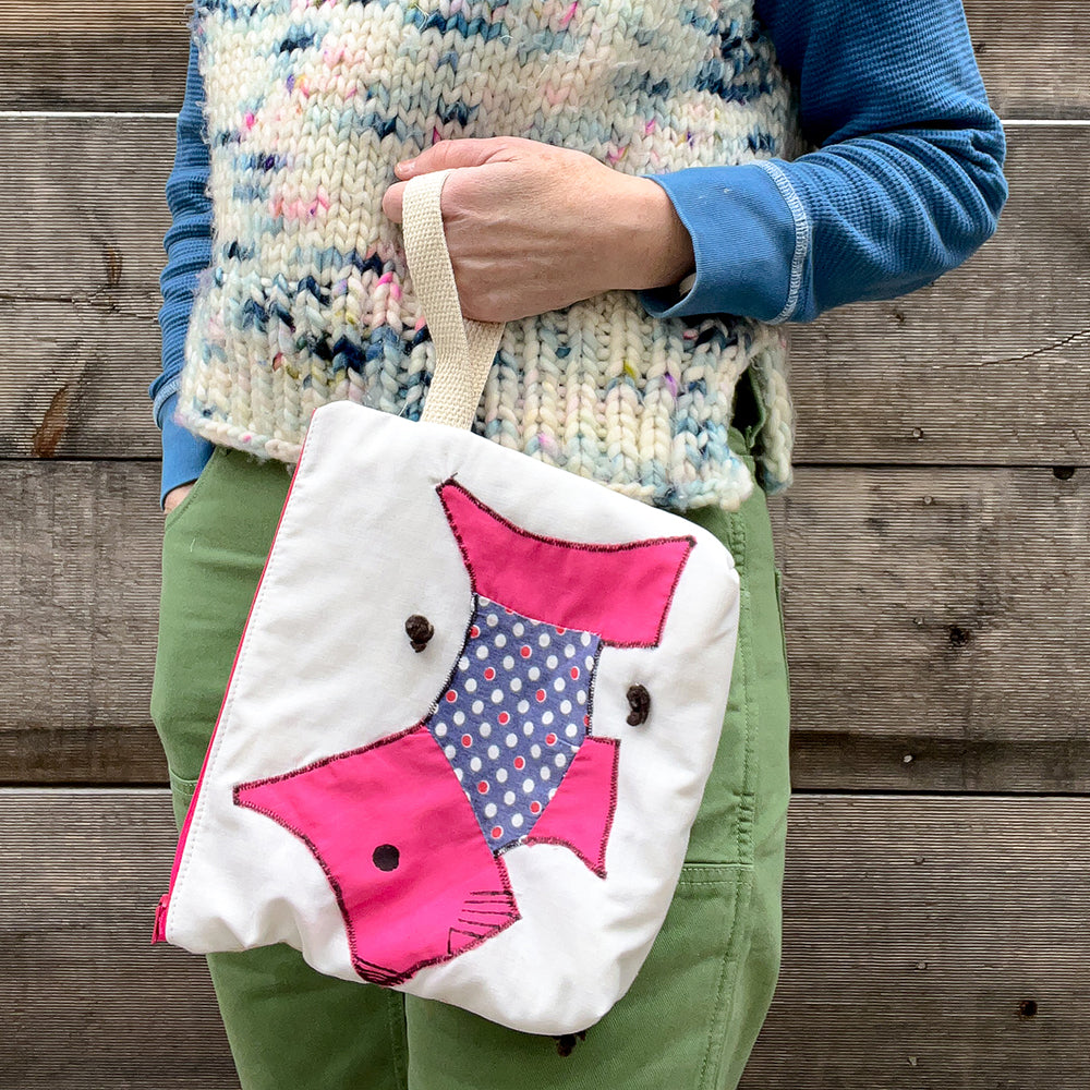 Puppy Wristlet (Fuschia with Blue Dot Sweater)