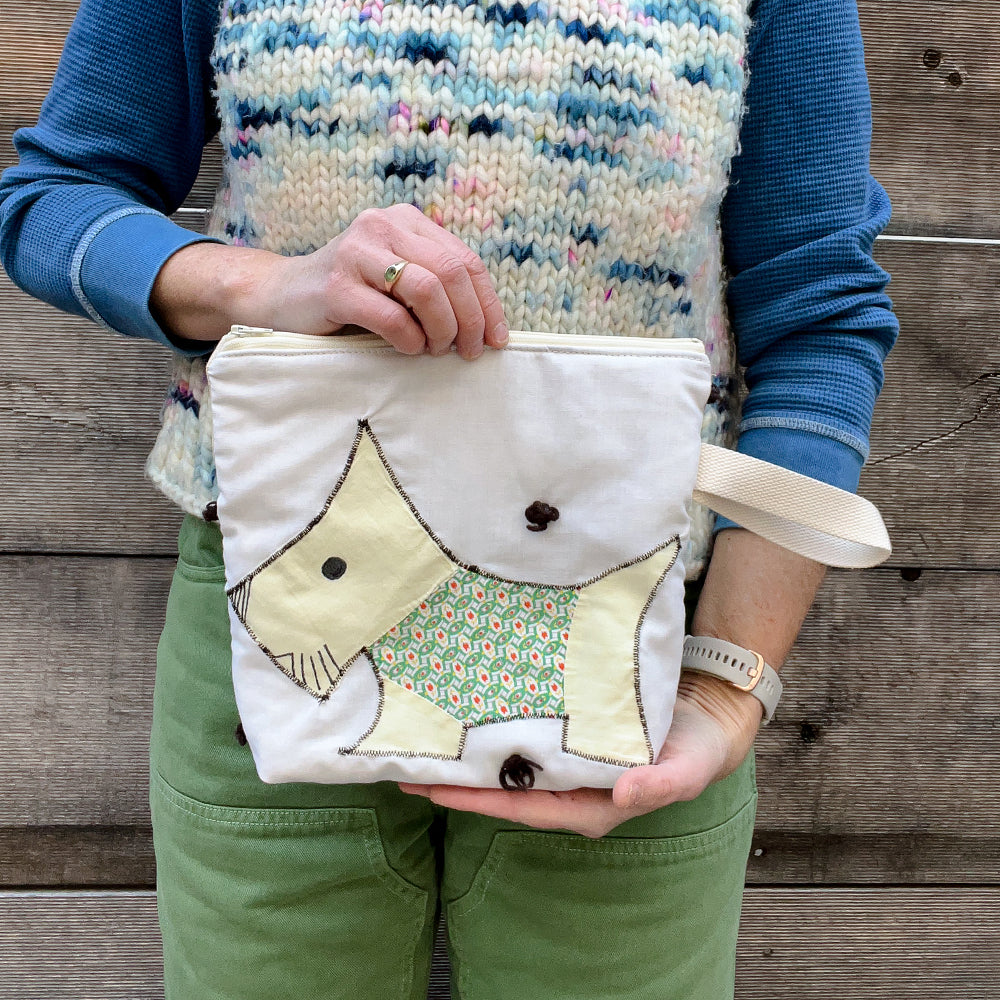 Puppy Wristlet (Soft Yellow with Green Sweater & Ecru Zip)