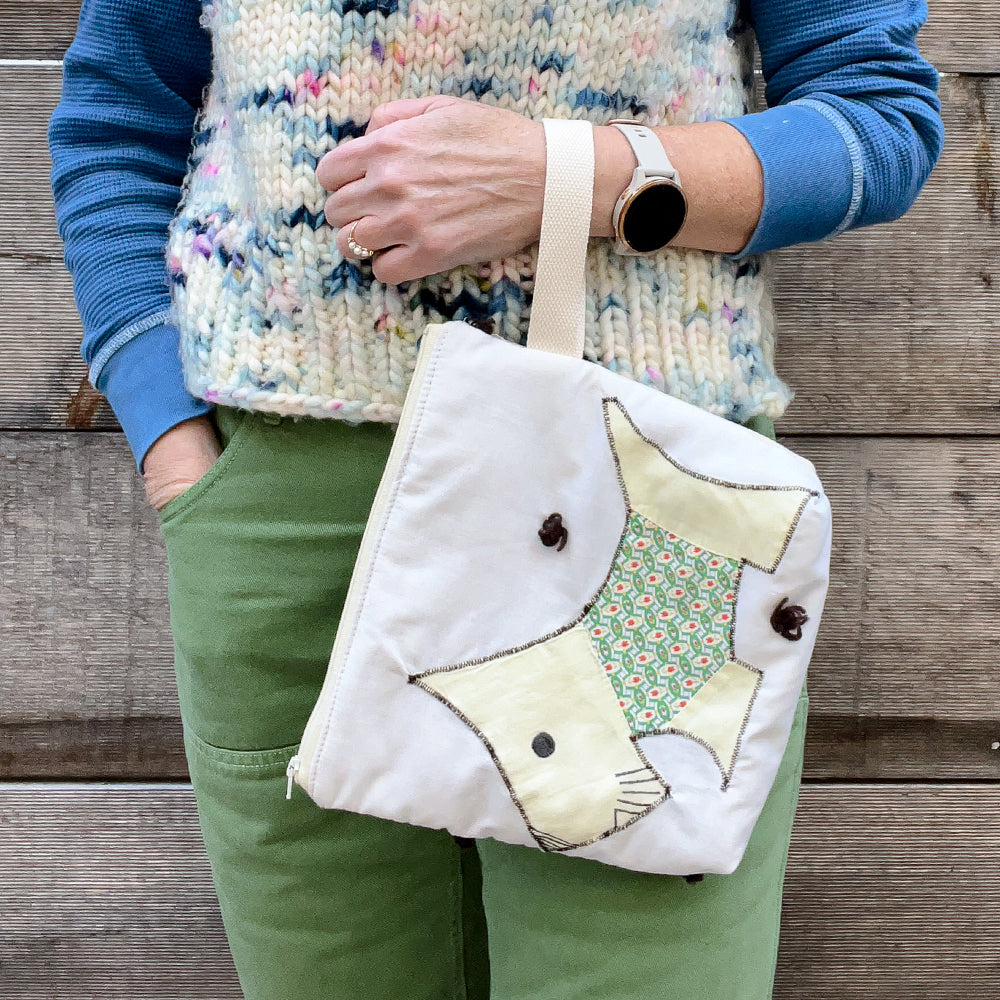 Puppy Wristlet (Soft Yellow with Green Sweater & Ecru Zip)