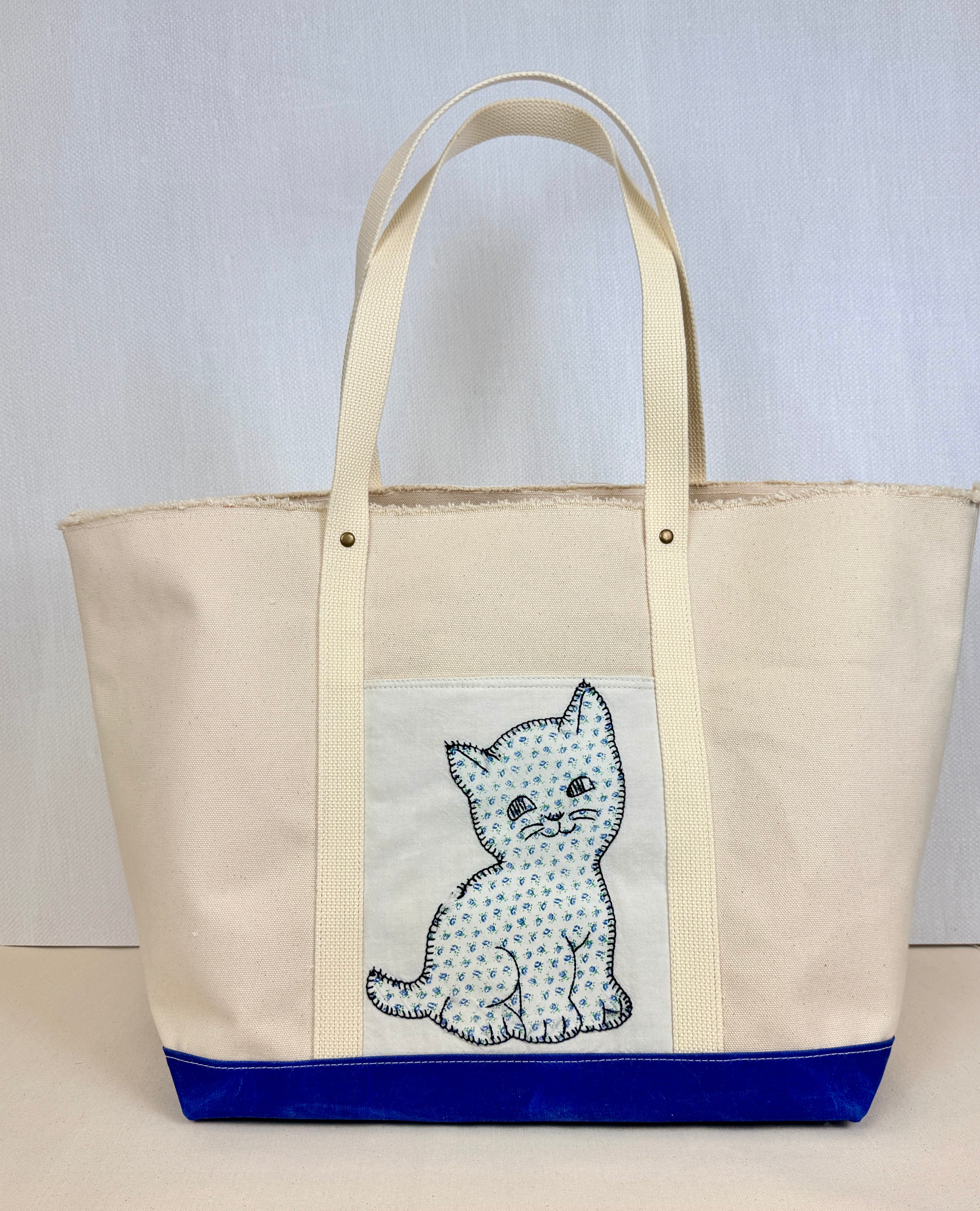 Classic Pocket Tote with Cobalt Blue Canvas (5 Kittens)