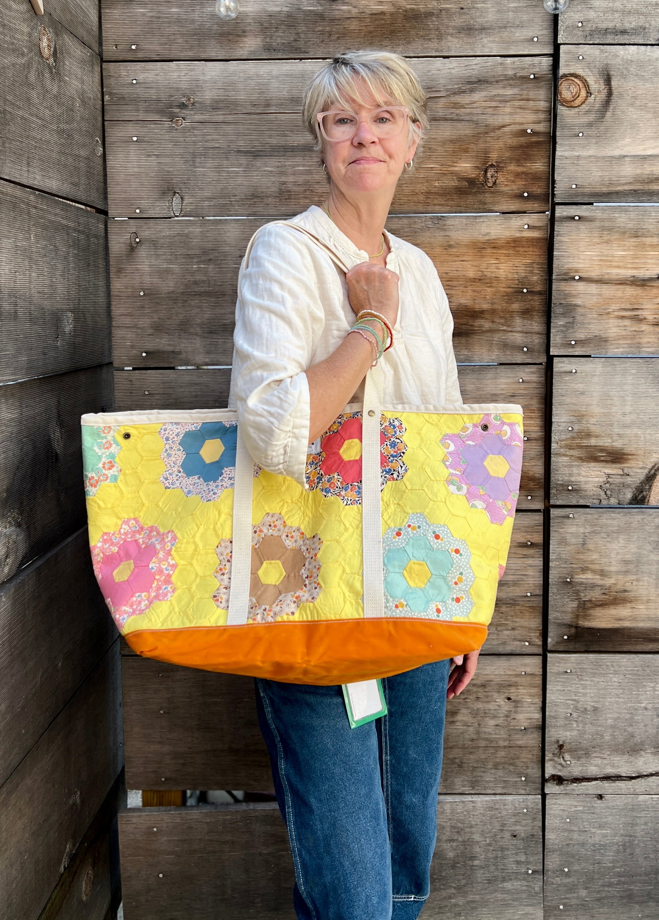 Large Waxed Canvas Quilt Tote (Yellow with Orange Bottom) #2
