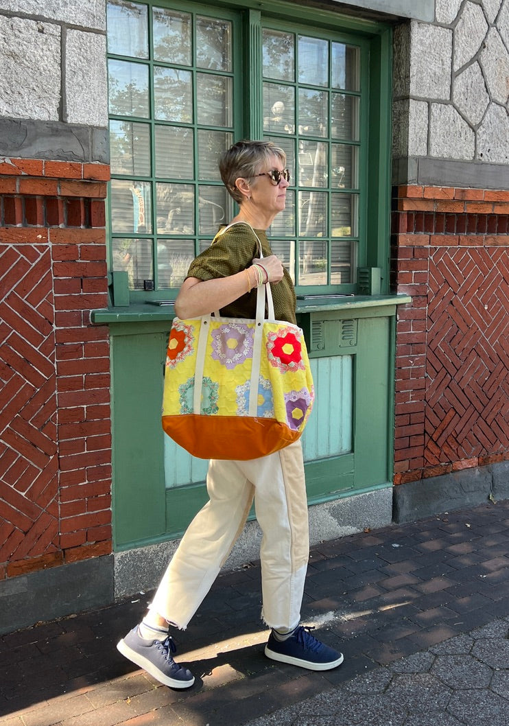 Waxed Canvas Tote Large (Orange Canvas with Green Flowers)