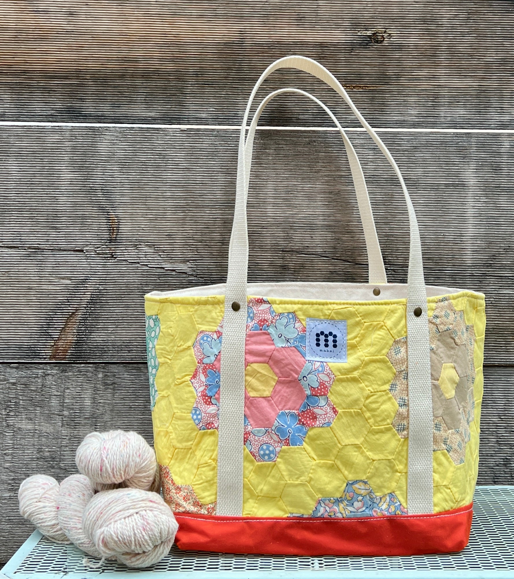 Medium Waxed Canvas Quilt Tote (Yellow with Bright Orange Bottom) #2