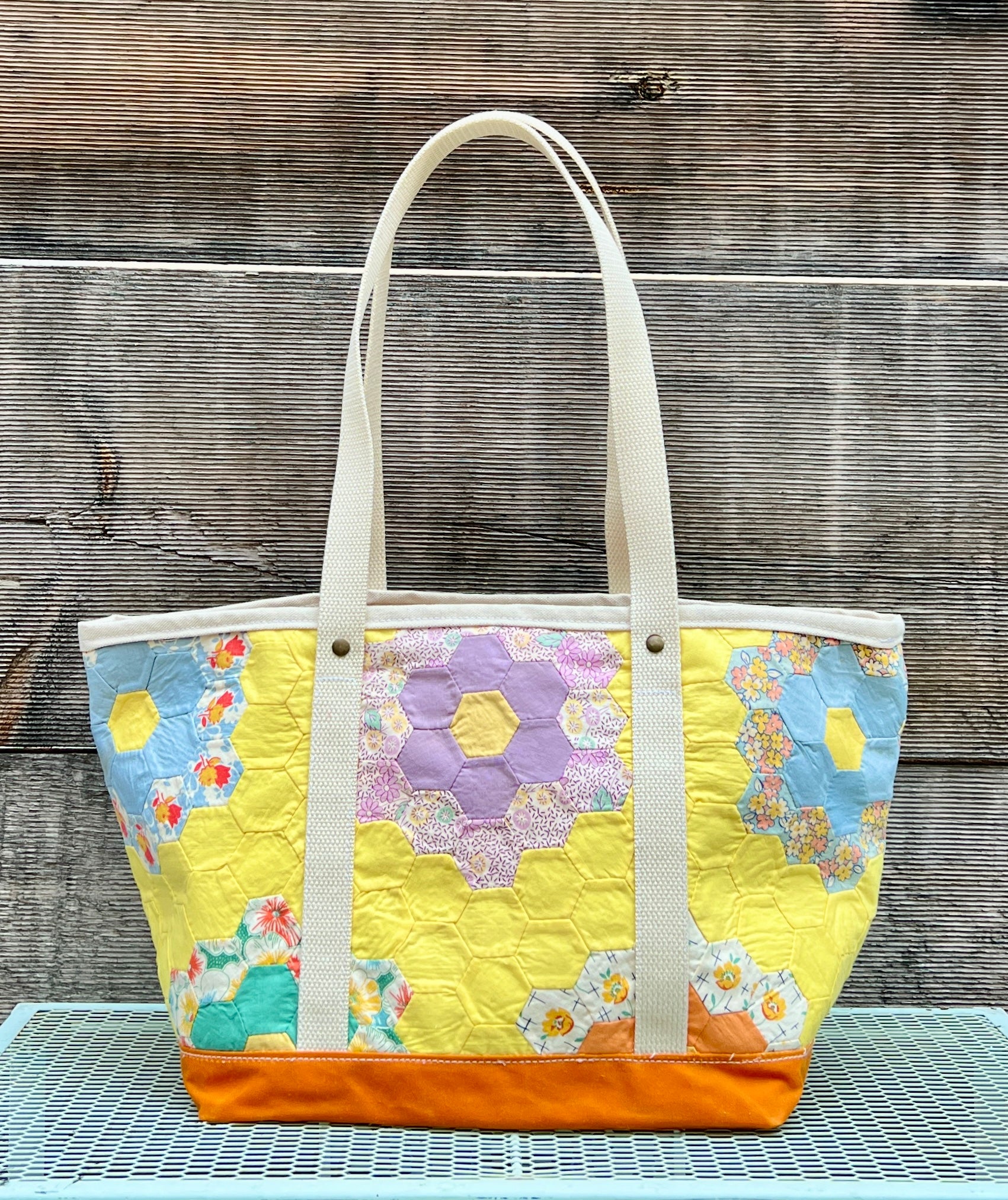 Medium Waxed Canvas Quilt Tote (Yellow with Orange Bottom) #2
