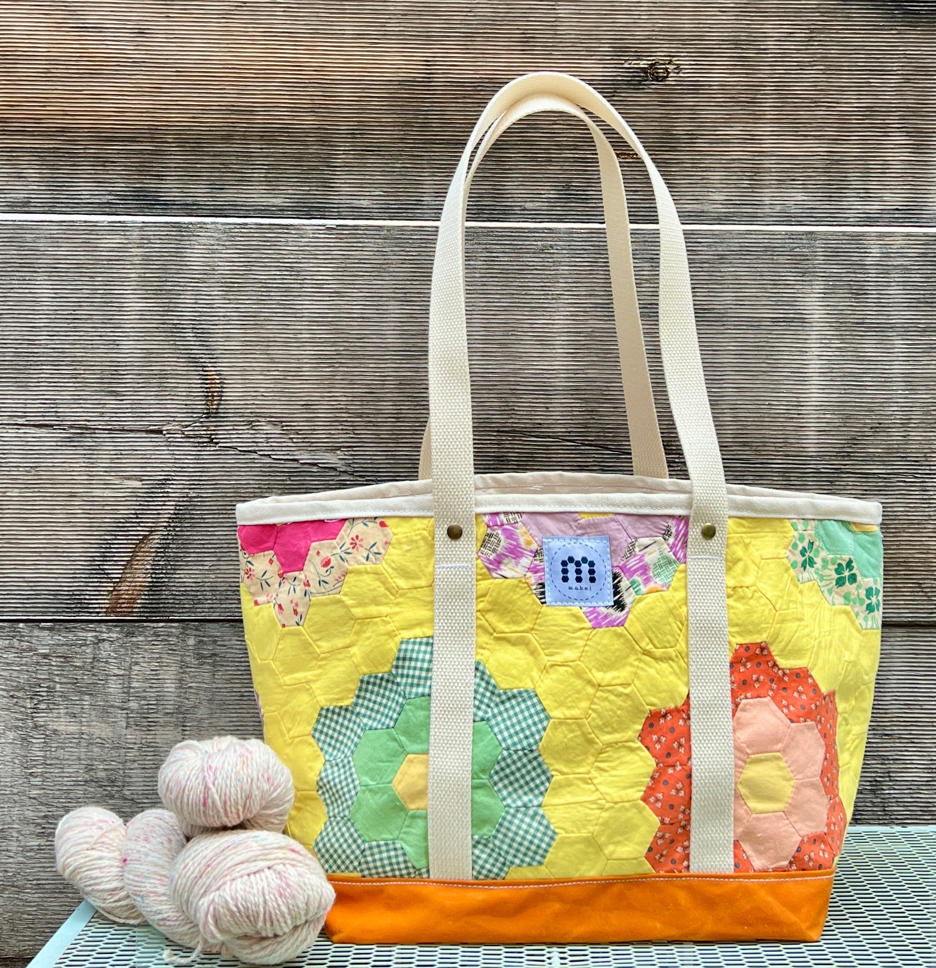 Medium Waxed Canvas Quilt Tote (Yellow with Orange Bottom) #3