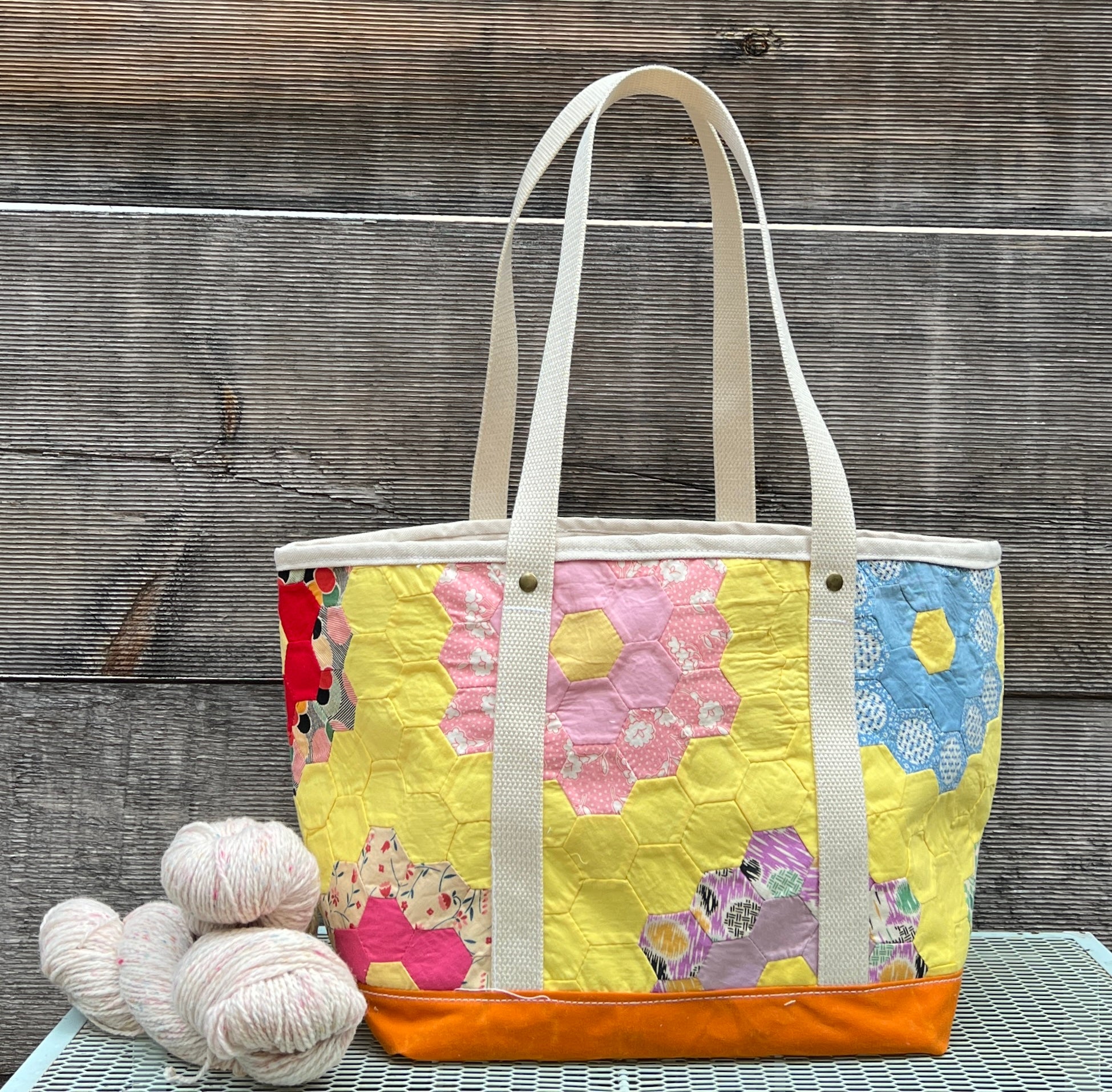 Medium Waxed Canvas Quilt Tote (Yellow with Orange Bottom) #3