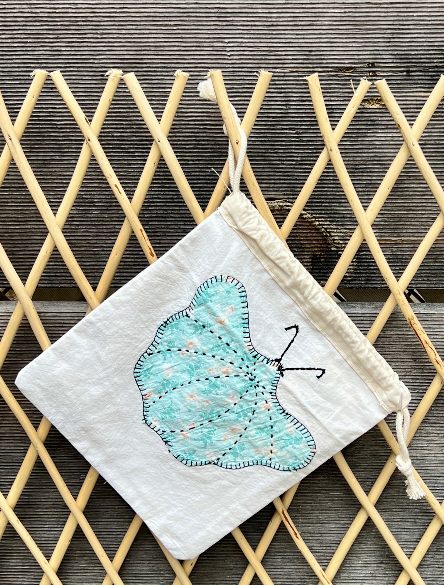 Moth Drawstring Bag (Teal & Red Dots)