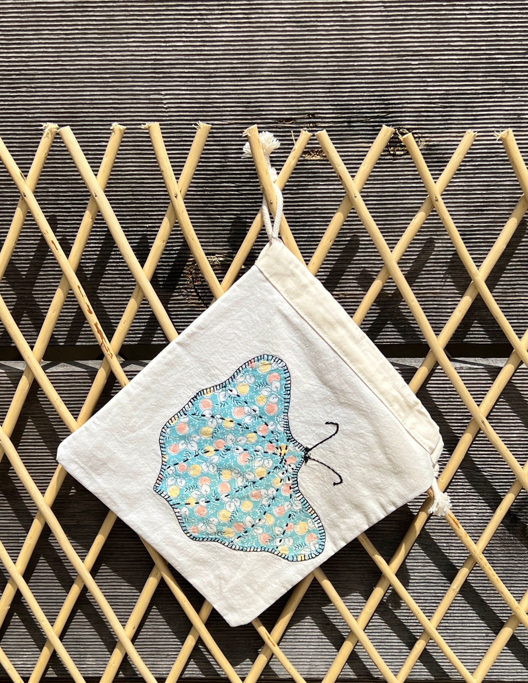 Moth Drawstring Bag (Teal Leaves & Purple Dots)