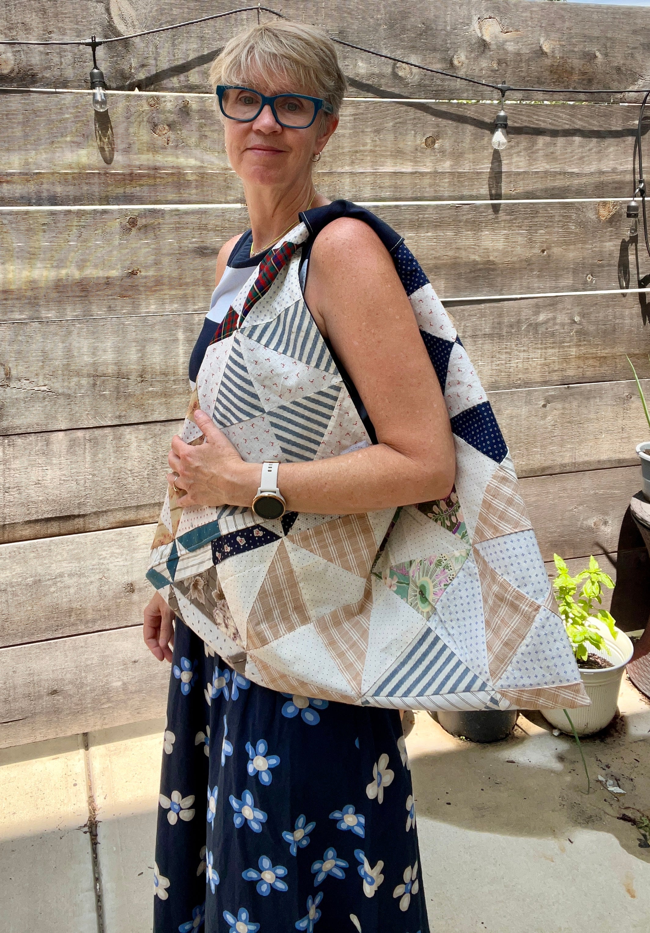 Origami Tote (Indigo & Shirting Pinwheel-navy lining)