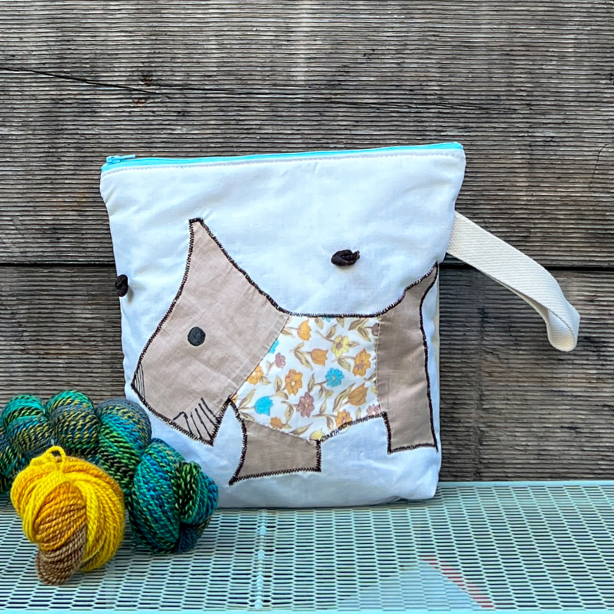 Puppy Wristlet (Tan with Blue & Yellow Floral Sweater)