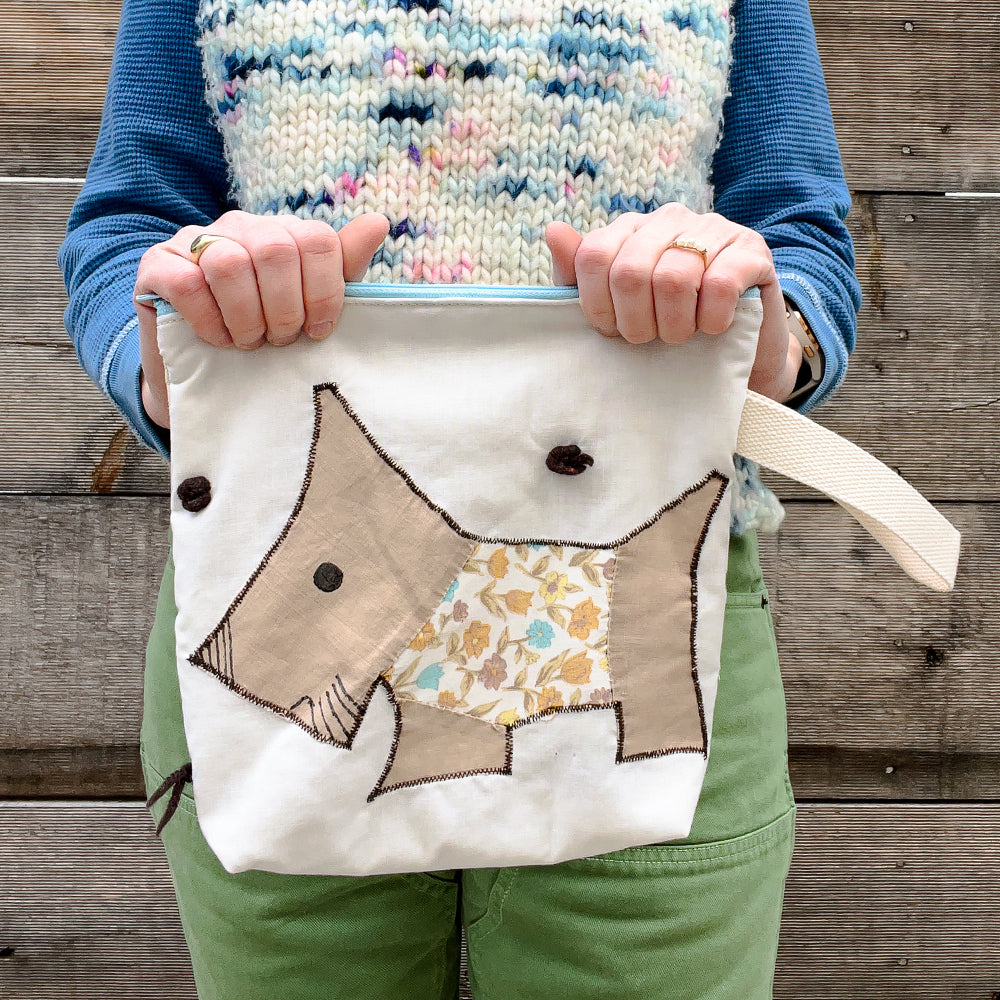 Puppy Wristlet (Tan with Blue & Yellow Floral Sweater)